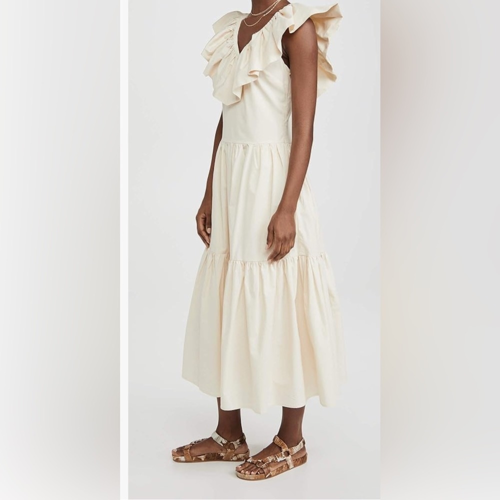 English Factory Ivory Ruffle Collar Tiered Midi Dress Pockets Side Zip NWT Small - Picture 5 of 9